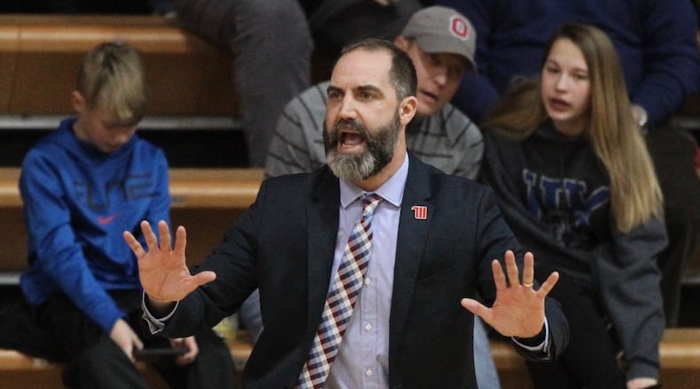 Wittenberg’s Matt Croci coaches against DePauw on Wednesday, Jan. 24, 2018, at Pam Evans Smith Arena in Springfield. David Jablonski/Staff