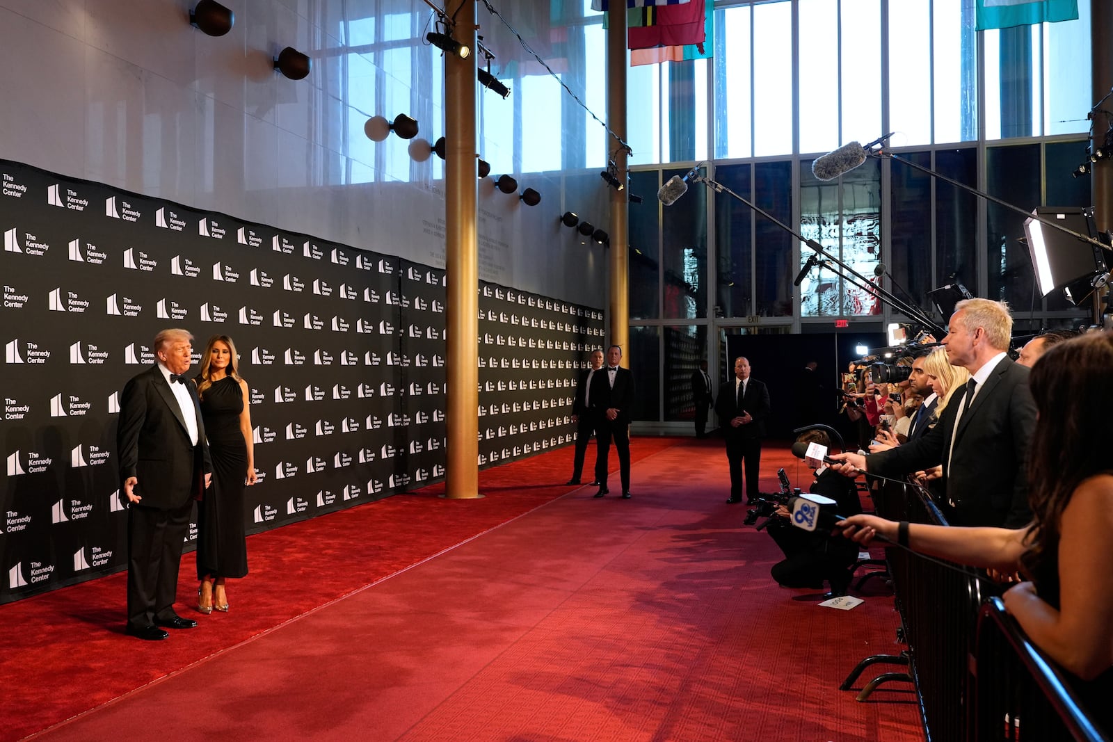 President Donald Trump and first lady Melania Trump arrive to view opening night of "Les Miserables," at the Kennedy Center, Wednesday, June 11, 2025, in Washington. (AP Photo/Alex Brandon)