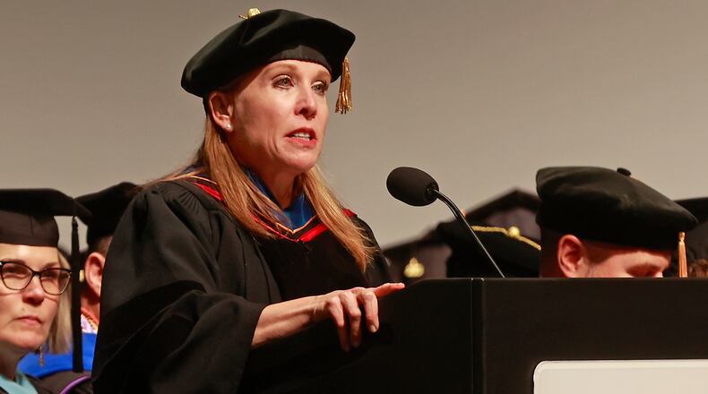 Clark State College President Jo Alice Blondin speaks during the college's 2023 Commencement Ceremony Saturday, May 13, 2023. BILL LACKEY/STAFF