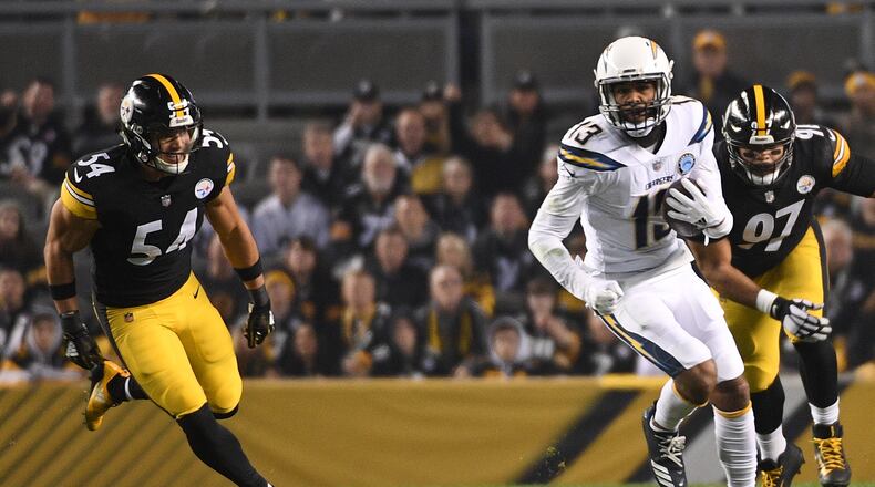 PITTSBURGH, PA - DECEMBER 02: Keenan Allen #13 of the Los Angeles Chargers runs upfield after a catch in the first quarter during the game against the Pittsburgh Steelers at Heinz Field on December 2, 2018 in Pittsburgh, Pennsylvania. (Photo by Justin Berl/Getty Images)