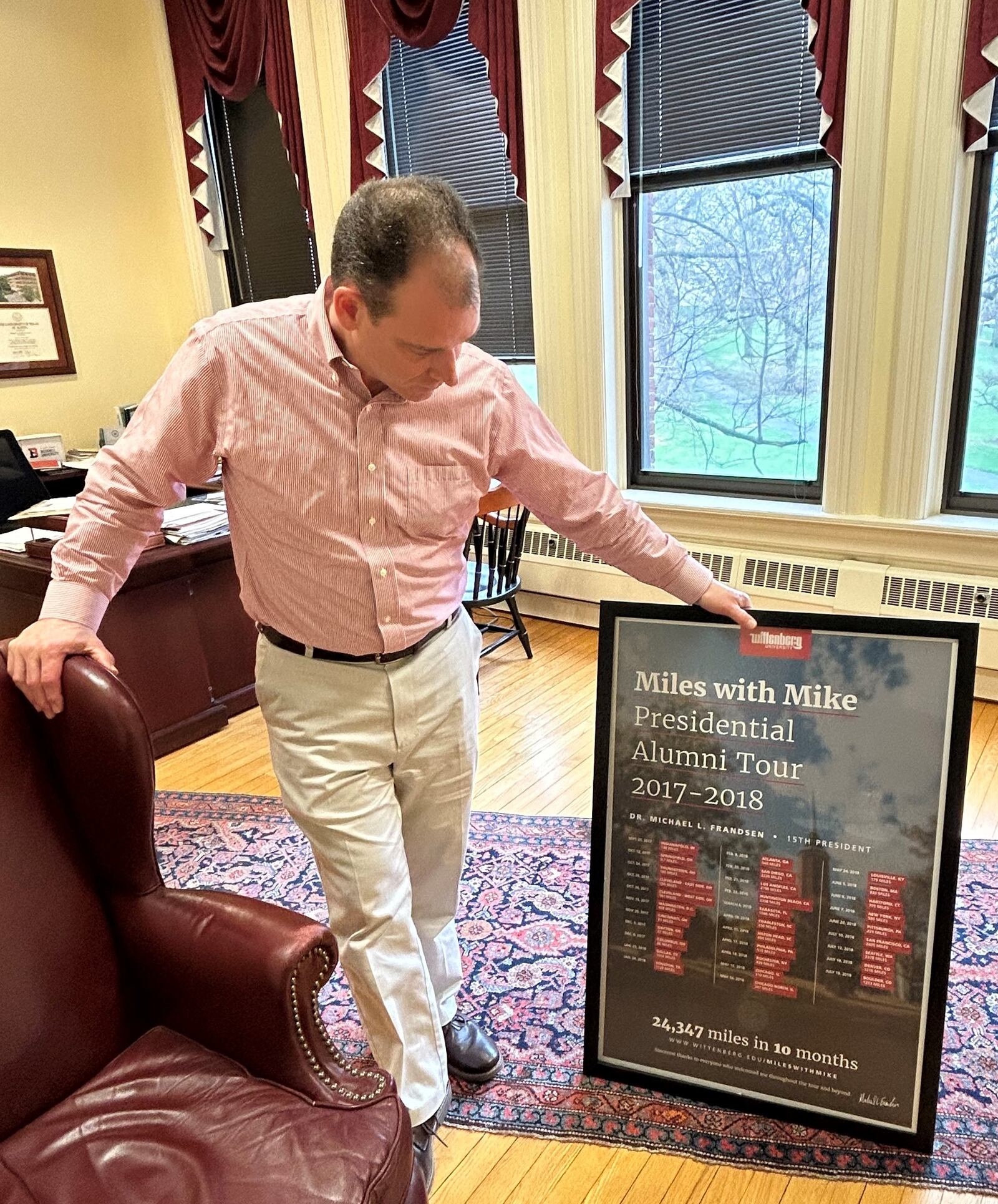 Wittenberg University President Michael Frandsen, who will retire at the end of June, talks about his Miles with Mike Presidential Alumni Tour. This tour happened during his first year as president where he listened and learned alumni stories during a cross-country tour. Brooke Spurlock/Staff