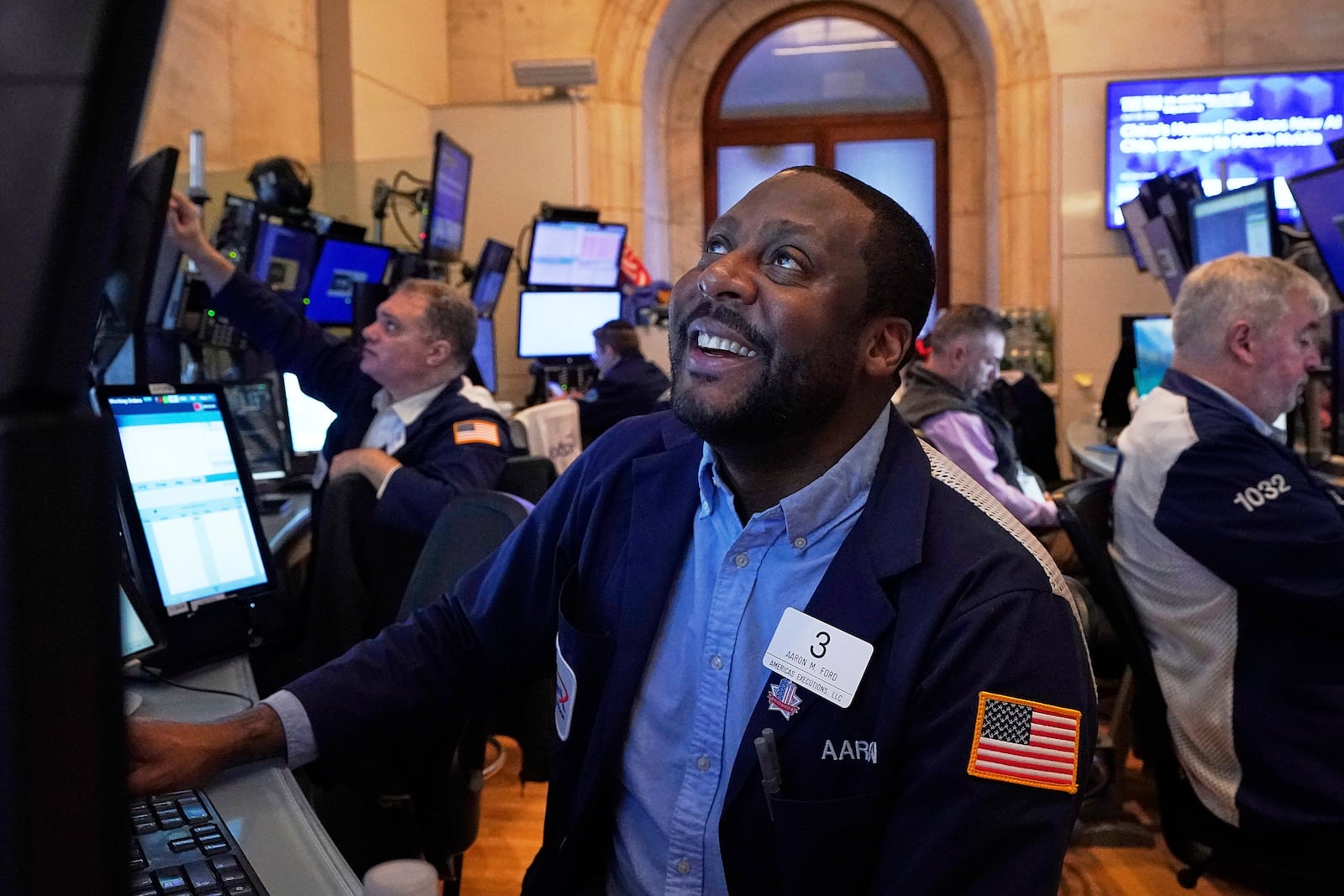 Trader Aaron Ford works on the floor of the New York Stock Exchange, Monday, April 28, 2025. (AP Photo/Richard Drew)