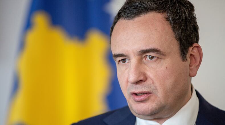FILE - Kosovo Prime Minister Albin Kurti speaks during an interview with The Associated Press in the capital Pristina, Friday, Sept. 29, 2023. (AP Photo/Visar Kryeziu, File)