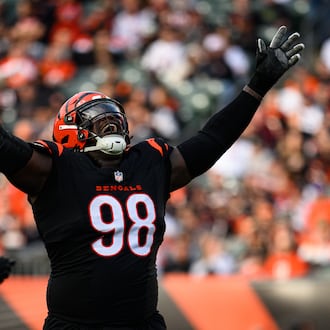 Bengals defensive lineman T.J. Slaton, Jr. celebrates a sack during their game against the Arizona Cardinals on Sunday, Dec. 28, at Paycor Stadium. JEREMY MILLER / CONTRIBUTED PHOTO