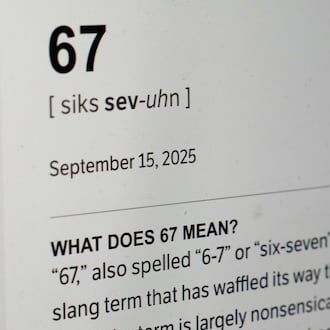 FILE - This Dictionary.com page shows the newest word of the year "6-7" on a computer screen, Thursday, Oct. 30, 2025, in Chicago. (AP Photo/Kiichiro Sato, File)