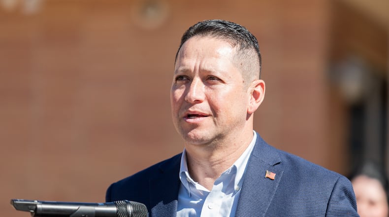 Rep. Tony Gonzales, R-Texas, speaks during a news conference about school safety enhancements at North East Independent School District in front of the new Wilshire Safety Training Center Friday, Feb. 6, 2026. (Blaine Young/The San Antonio Express-News via AP)