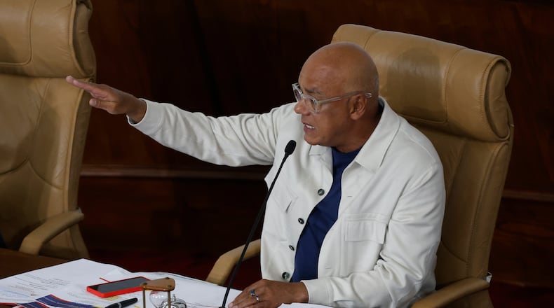 National Assembly President Jorge Rodriguez gestures during a debate on a mining bill at the National Assembly in Caracas, Venezuela, Monday, March 9, 2026. (AP Photo/Pedro Mattey)
