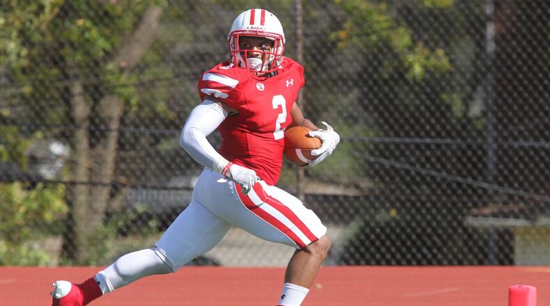 Wittenberg’s DeShawn Sarley runs for a touchdown against Allegheny on Saturday, Oct. 14, 2017, at Edwards-Maurer Field in Springfield. David Jablonski/Staff