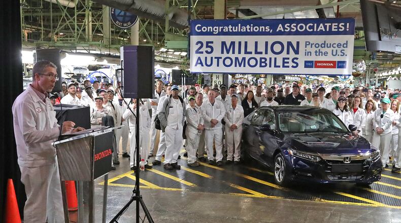 Rob May, the plant manager of Honda’s Marysville assembly plant, talks to hundreds of Honda associates as they celebrate Honda’s 25 millionth car produced in the U.S. Wednesday. Bill Lackey/Staff