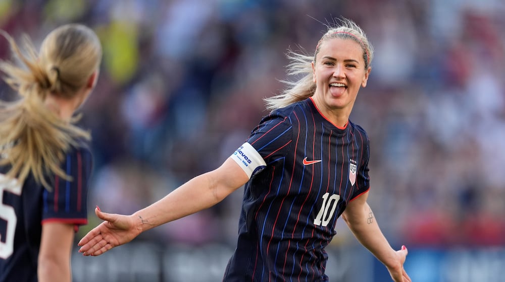 United States midfielder Lindsey Heaps (10) celebrates her goal during the first half of a SheBelieves Cup women's soccer tournament match against Argentina, Sunday, March 1, 2026, in Nashville, Tenn. (AP Photo/George Walker IV)