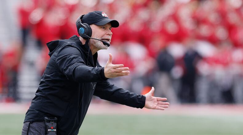 FILE - Ohio State defensive coordinator Jim Knowles shouts to his team during an NCAA college spring football game Saturday, April 16, 2022, in Columbus, Ohio. Coordinator Kerry Coombs was fired and Jim Knowles, who excelled as Oklahoma State's coordinator, was hired and began installing a 4-2-5 scheme. (AP Photo/Jay LaPrete, File)