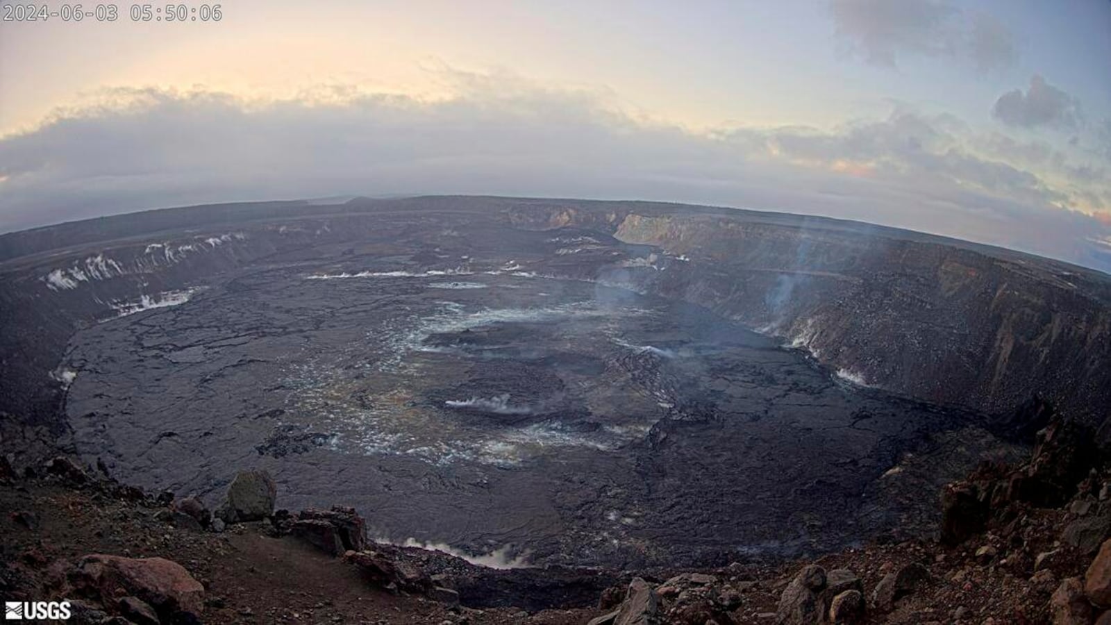 This webcam image provided by the U.S. Geological Survey shows the summit of the Kilauea volcano in Hawaii, Monday, June 3, 2024. Kilauea, one of the most active volcanoes in the world, began erupting early Monday in an area that last erupted a half-century ago, the U.S. Geological Survey's Hawaiian Volcano Observatory said. (U.S. Geological Survey via AP)