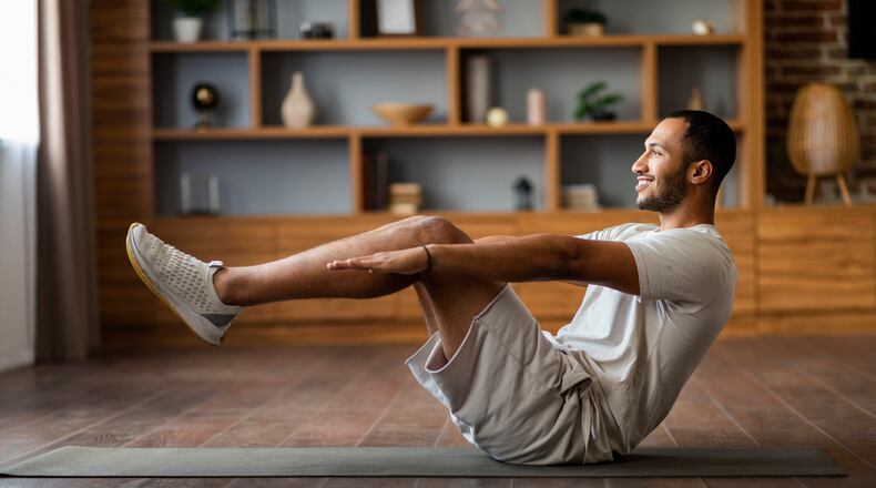 Ab workouts, squats, lunges, pushups and pull-ups are great examples of ways to workout at home without equipment, using body weight and gravity for resistance, allowing for strengthening the entire body with just a few moves. iSTOCK/COX