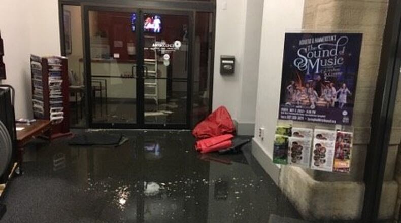 Standing water is shown outside Un Mundo Cafe inside the Clark County Heritage Center after a water pipe busted April 26, 2019.