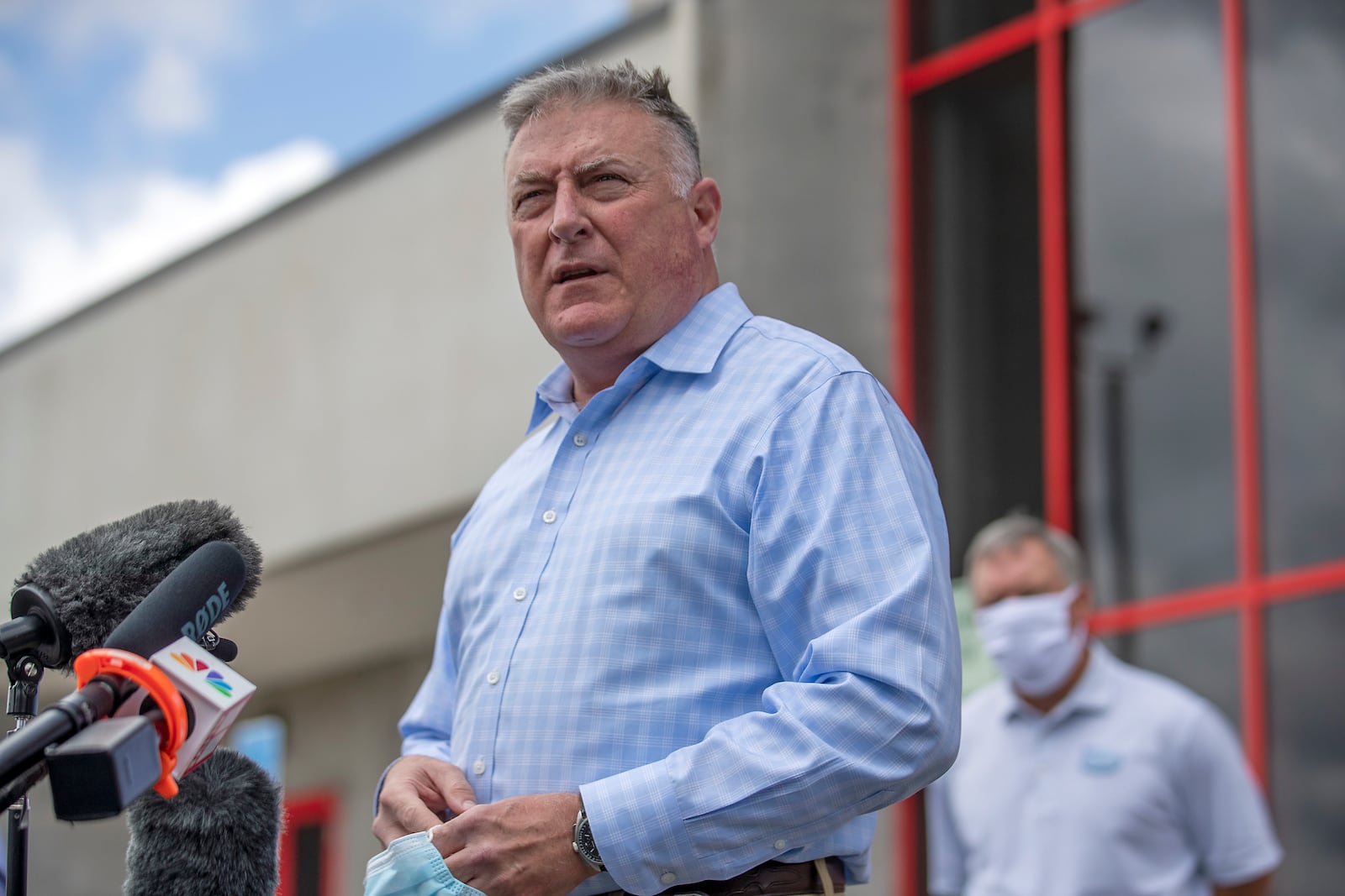 FILE - Georgia Insurance and Safety Fire Commissioner John King makes a statement and answers questions from the media following a tour of Fieldale Farms while visiting Gainesville, Ga., May 15, 2020. (Alyssa Pointer/Atlanta Journal-Constitution via AP, File)