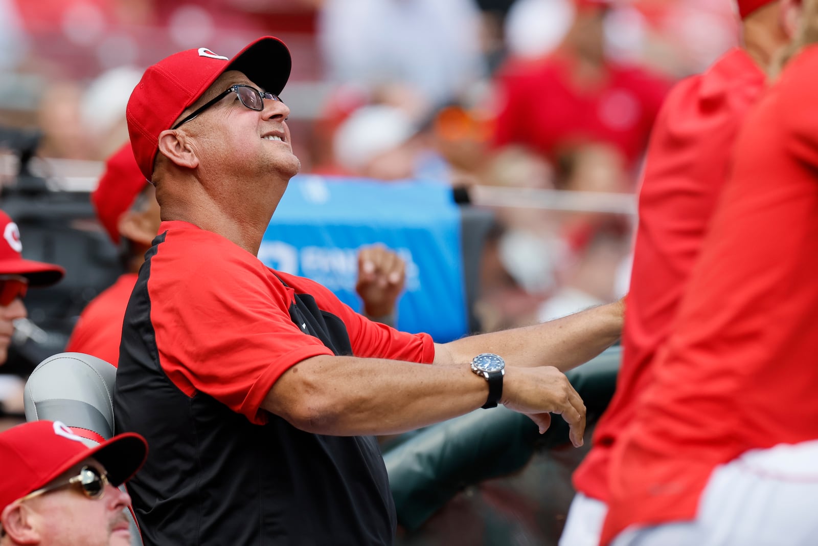 Cincinnati Reds manager Terry Francona watches a fly ball against the Colorado Rockies during the third inning of a baseball game, Sunday, July 13, 2025, in Cincinnati. (AP Photo/Jay LaPrete)