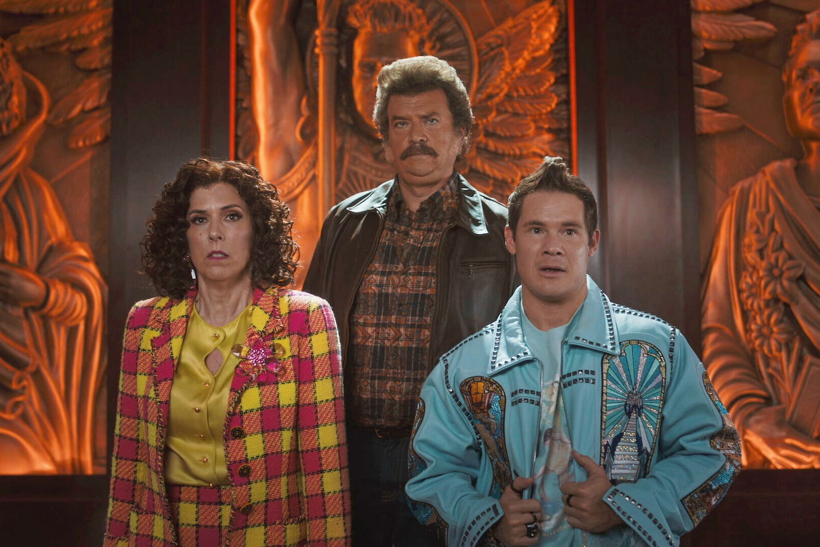 This image released by HBO shows Edi Patterson, left, Danny McBride, center, and Adam Devine in a scene from "The Righteous Gemstones." (HBO via AP)