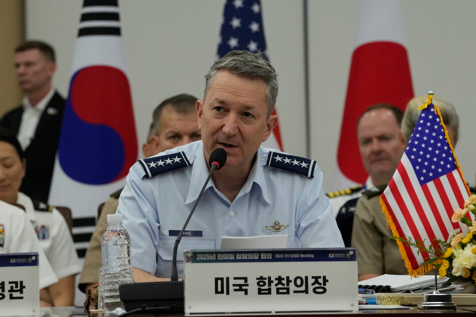John Daniel Caine, Chairman of the U.S. Joint Chiefs of Staff, speaks during a Trilateral Chiefs of Defense meeting with Gen, Yoshihide Yoshida, Chief of Staff, Joint Staff of Japan, and Adm. Kim Myung-soo, chairman of the South Korean Joint Chiefs of Staff, (both are not in the picture) at the Defense Ministry in Seoul, South Korea, Friday, July 11, 2025. (AP Photo/Ahn Young-joon, Pool)