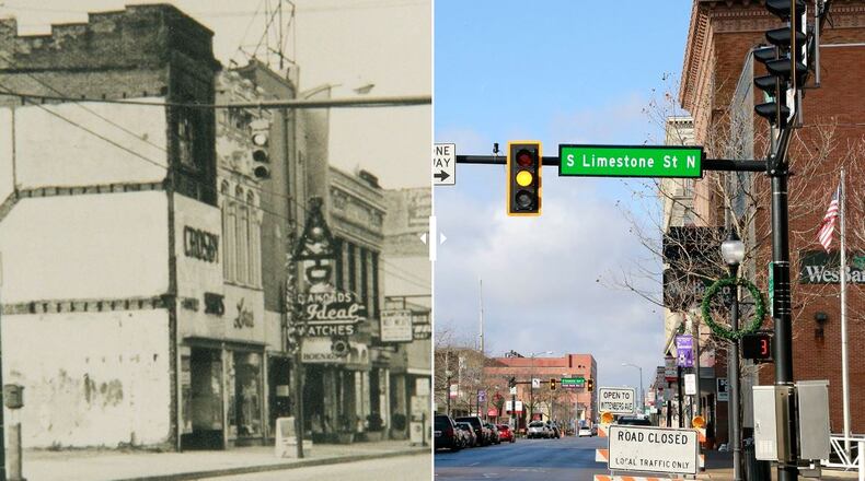 The intersection of Main and Limestone Streets. Photos courtesy of Clark County Historical Society(left) and Bill Lackey/Staff (right)