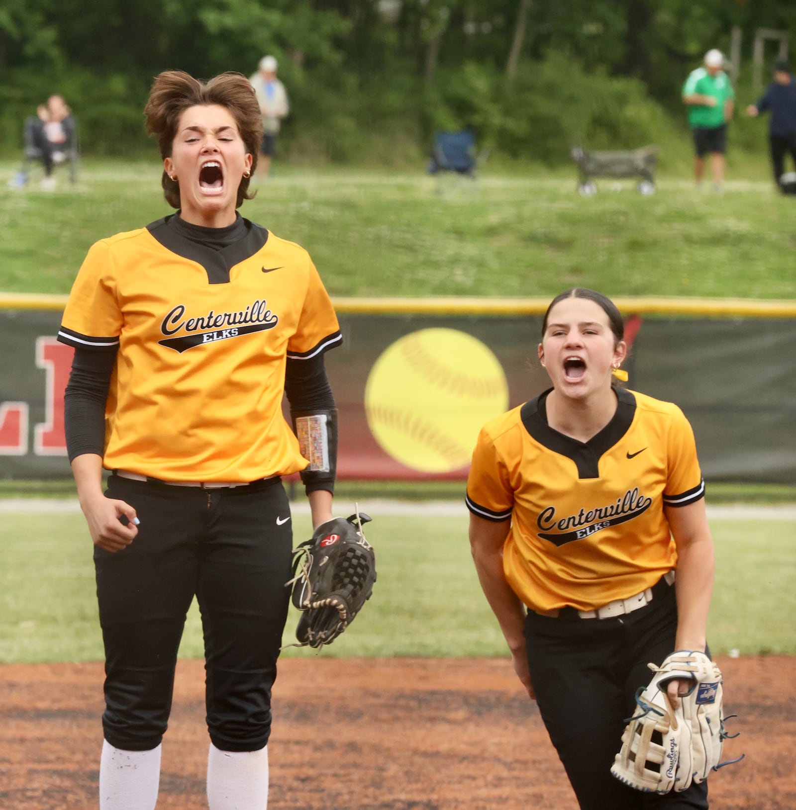 Centerville celebrates a victory against Mason in a Division I regional semifinal on Wednesday, May 28, 2025, at Indian Hill High School. David Jablonski/Staff