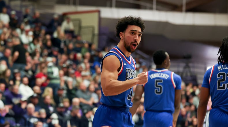 Gonzaga guard Braeden Smith (3) reacts during the second half of an NCAA college basketball game against Portland in Portland, Ore., Wednesday, Feb. 4, 2026. (AP Photo/Amanda Loman)
