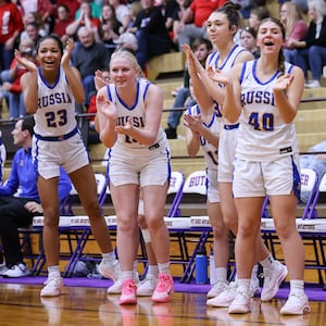 Russia junior forward Celeste Borchers and Cedarville's Katelyn Reed collide during a Division VII regional final on Saturday, March 7 at Vandalia-Butler's Student Activity Center. BRYANT BILLING / STAFF
