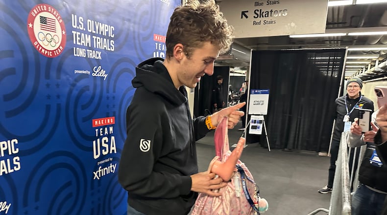 Speedskater Casey Dawson of Park City, Utah, speaks to the media at the U.S. Olympic trials for long track speedskating at the Pettit National Ice Center in Milwaukee, Jan. 4, 2026. (AP Photo/Howard Fendrich)