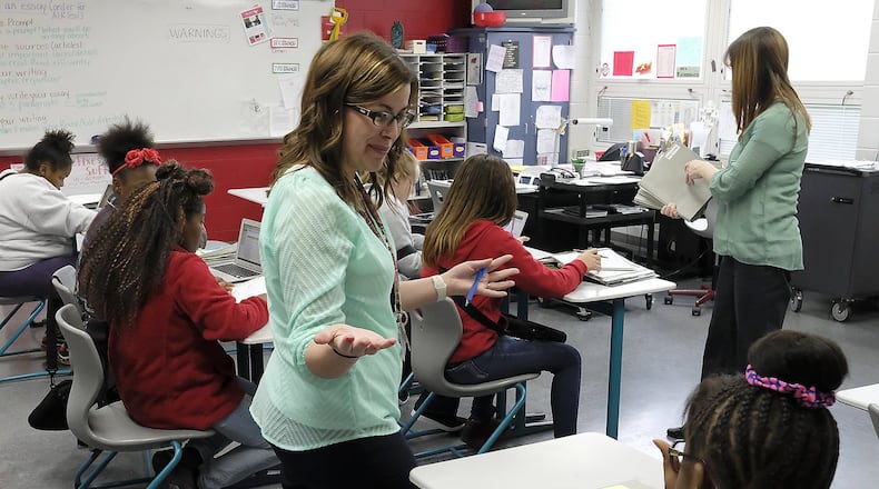 Aubree Kushmaul teaches seventh grade English at Hayward Middle School. Kushmaul has been named one of the Teachers of the Year. Bill Lackey/Staff