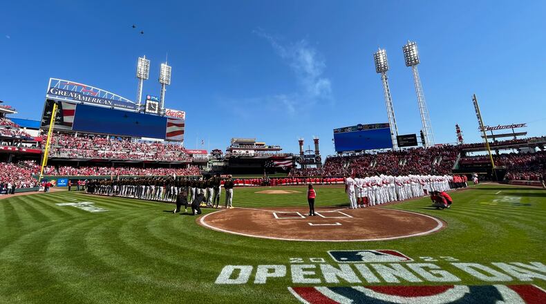 The scene before a game between the Reds and the Pirates on Opening Day on Thursday, March 30, 2023, at Great American Ball Park in Cincinnati. David Jablonski/Staff