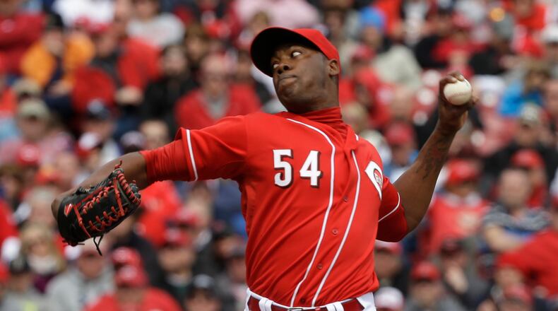 Cincinnati Reds relief pitcher Aroldis Chapman throws against the Los Angeles Angels in a major league baseball game, Thursday, April 4, 2013, in Cincinnati. (AP Photo/Al Behrman)