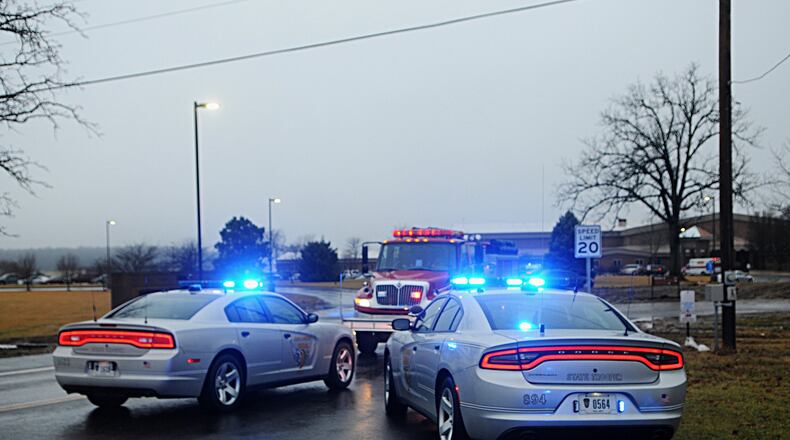 The scene outside West Liberty-Salem School following a student shooting Friday. Marshall Gorby/Staff