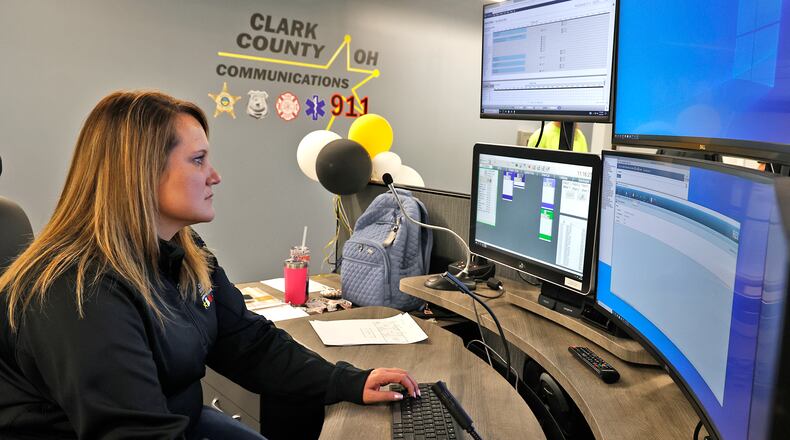 Clark County dispatcher Laura Snyder is seen at her dispatch station in the combined Clark County Dispatch Center on Feb. 28, 2023. BILL LACKEY/STAFF