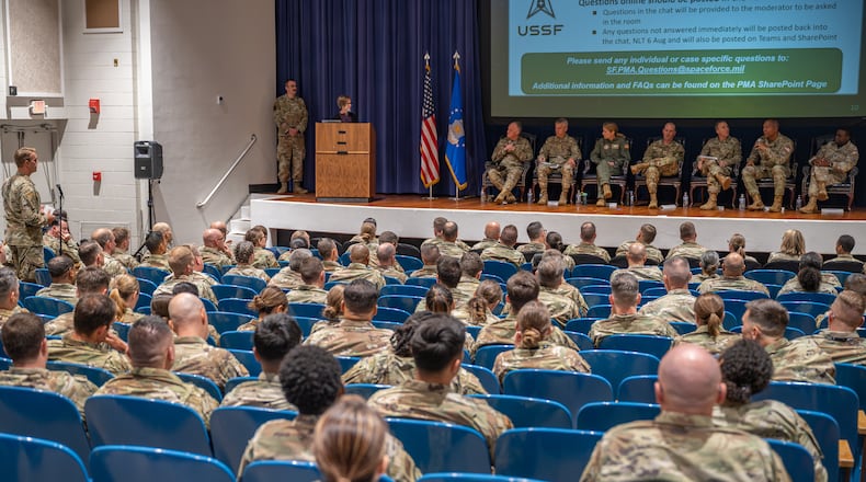 U.S. Space Force and Air Force Reserve senior leaders answer questions during a town hall for members of the 310th Space Wing on the service’s new part-time personnel model at Peterson Space Force Base Event Center, Aug. 2, 2025. (Air Force photo by Tech. Sgt. Frank Casciotta)