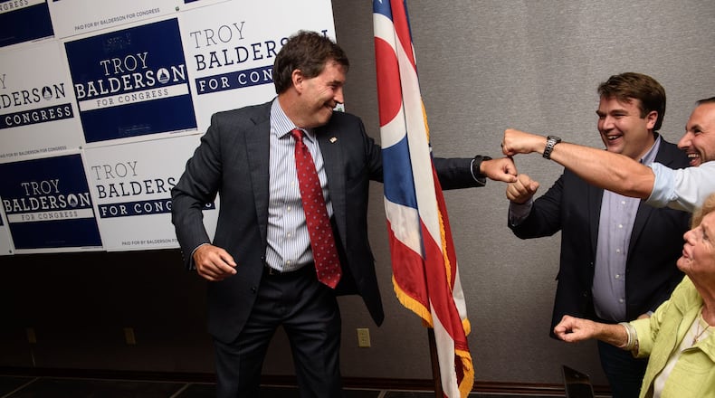 Republican congressional candidate Troy Balderson celebrates after giving his victory speech at his election night party at the DoubleTree by Hilton Hotel on August 7, 2018 in Newark, Ohio. (Photo by Justin Merriman/Getty Images)