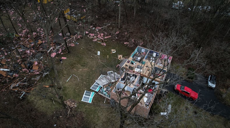 Strong winds damaged this house on Ridge Road east of Springfield early Wednesday morning, Feb. 28, 2024. Jim Noelker/Staff