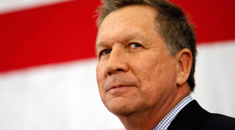 Gov. John Kasich, R-Ohio, speaks at the Republican Leadership Summit Saturday, April 18, 2015, in Nashua, N.H. (AP Photo/Jim Cole)