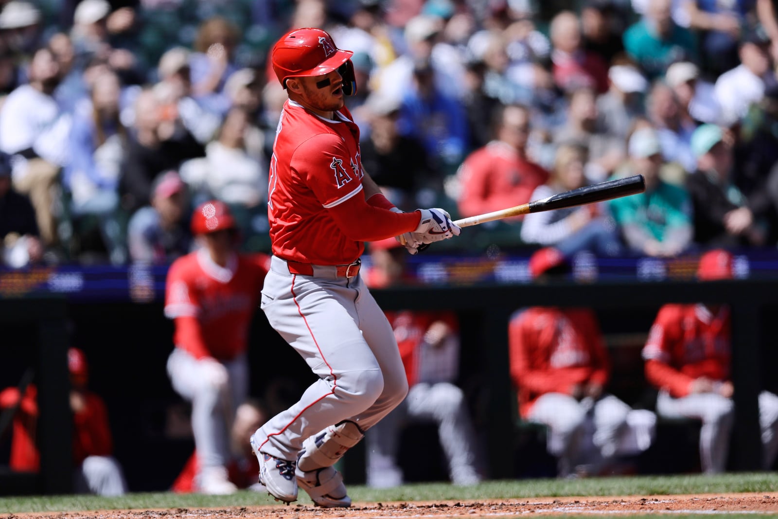 Los Angeles Angels' Mike Trout grounds out against the Seattle Mariners during the third inning of a baseball game, Wednesday, April 30, 2025, in Seattle. (AP Photo/John Froschauer)