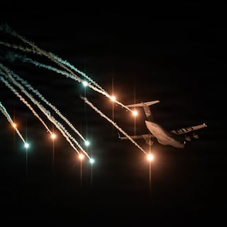 A C-17 Globemaster III conducts flare testing operations at Eglin Air Force Base, Fla., Feb. 13, 2026. Eglin AFB units coordinated flare-testing operations to evaluate and field improved defensive-system capabilities for Air Mobility Command aircraft. (Air Force photo by Master Sgt. J.D. Strong II)