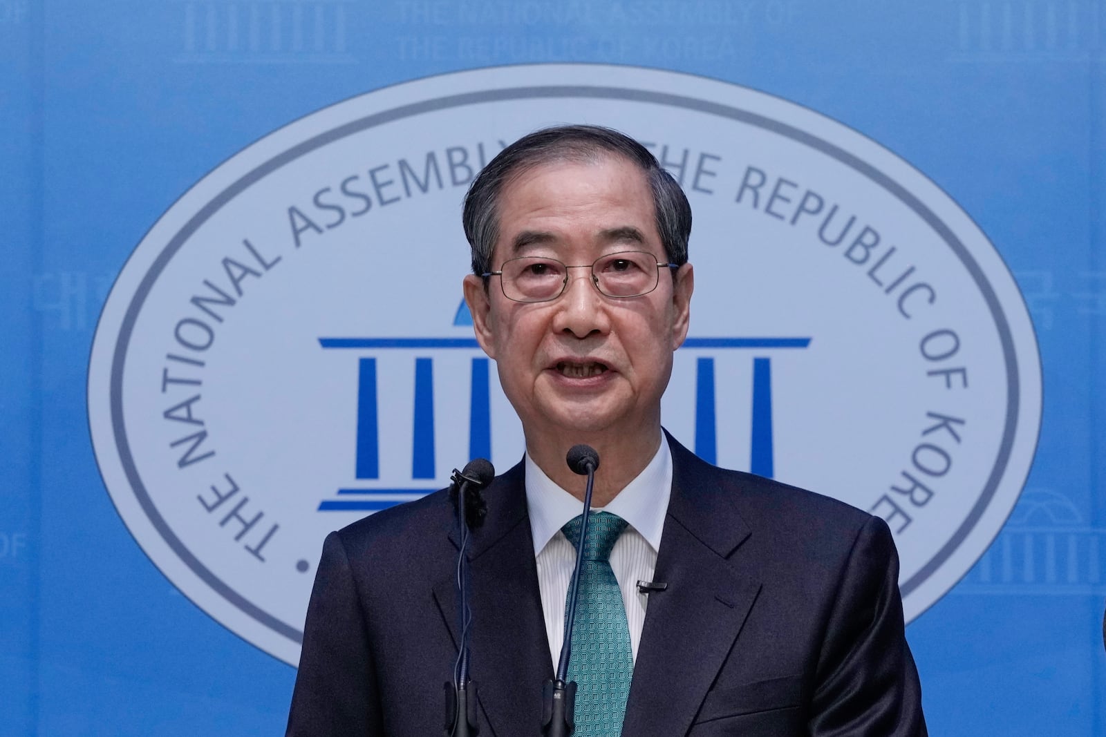 South Korean former Prime Minister Han Duck-soo speaks during a press conference to announce a presidential bid at the National Assembly in Seoul, South Korea, Friday, May 2, 2025. (AP Photo/Ahn Young-joon)