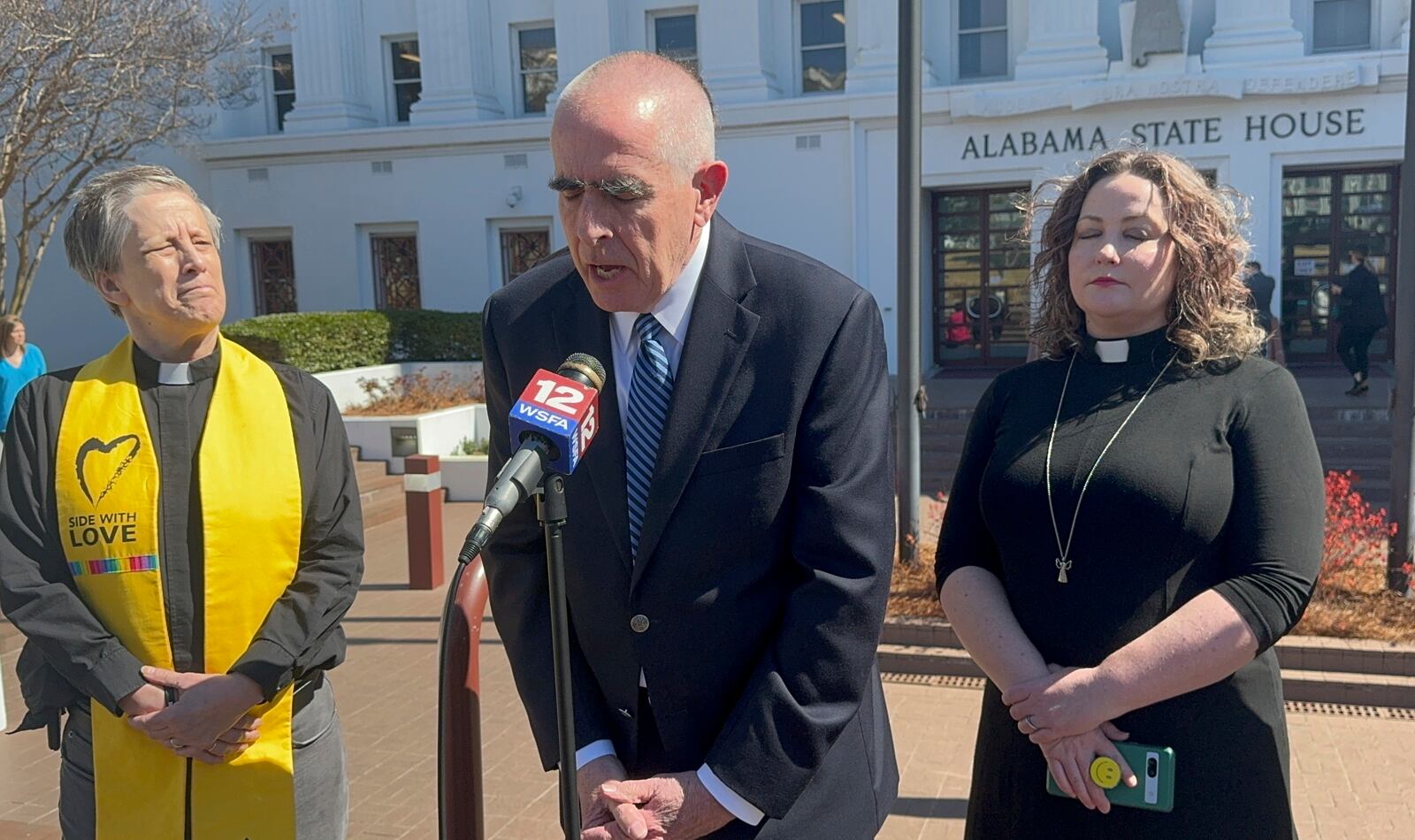 Chuck Poole joins other religious leaders to speak in front of the Alabama Statehouse against bills that would mandate religious texts and instruction in schools, in Montgomery, Ala., March 25, 2025. (AP Photo/Safiyah Riddle)
