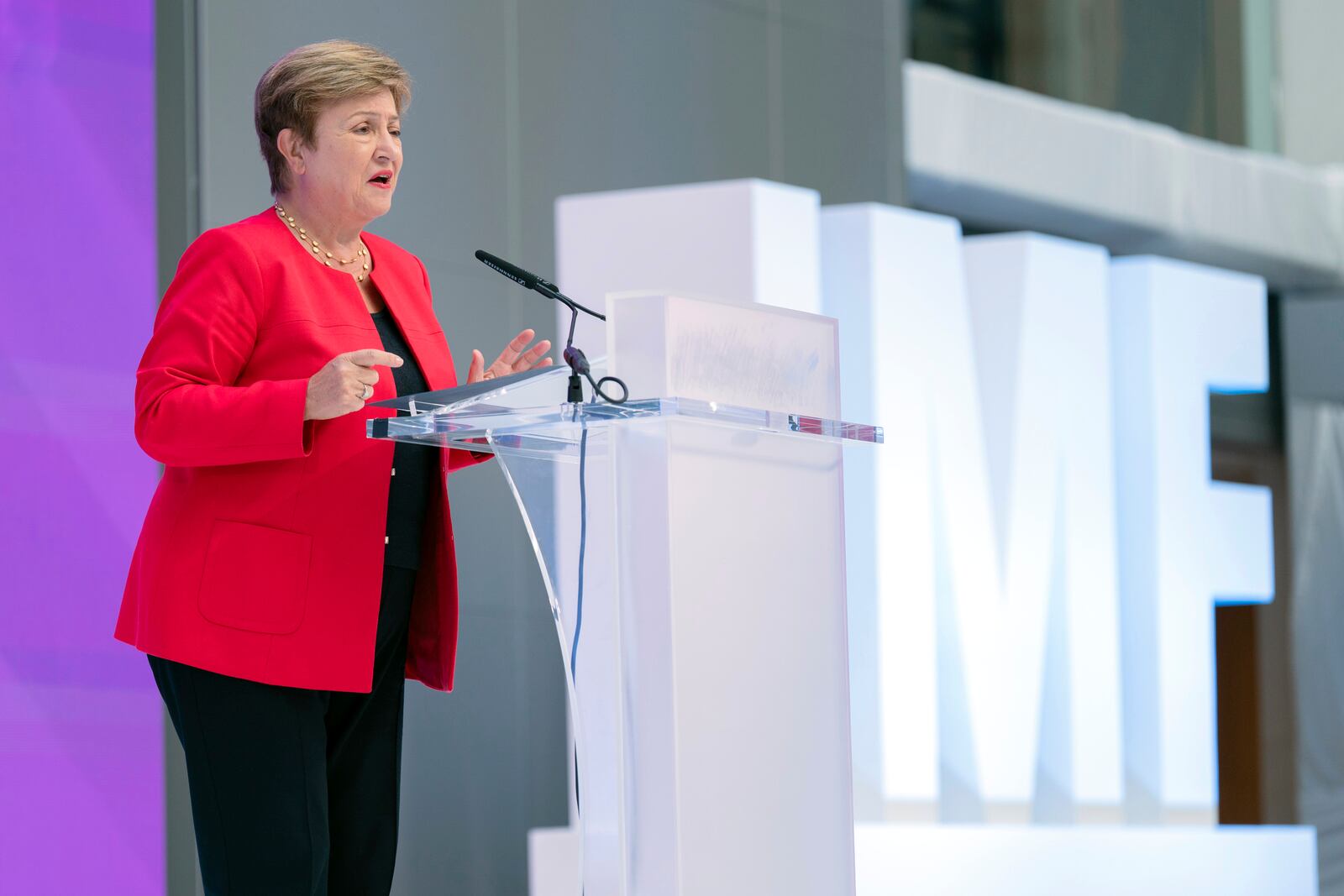 International Monetary Fund (IMF) Managing Director Kristalina Georgieva speaks at the forum Tokenization and the Financial System during the World Bank/IMF Spring Meetings at the International Monetary Fund (IMF) headquarters in Washington, Wednesday, April 23, 2025. (AP Photo/Jose Luis Magana)