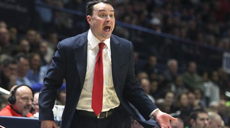 Archie Miller shouts to his team during a game at Rhode Island on Feb. 10, 2017. David Jablonski/Staff