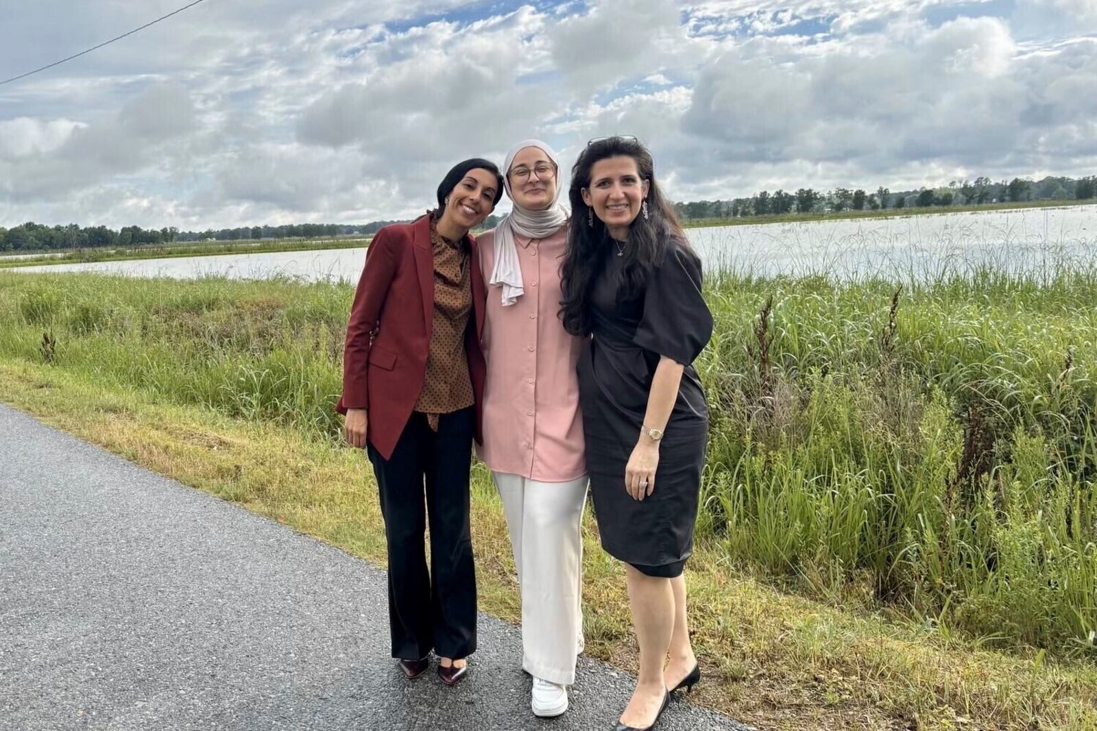 This photo provided by the Ozturk legal team shows Rumeysa Ozturk, center, with Nora Ahmed of ACLU Louisiana and Mahsa Khanbabai of Khanbabai Law on Friday, May 9, 2025, in Basile, La., shortly after her release from an immigration detention center. (Ozturk legal team via AP)