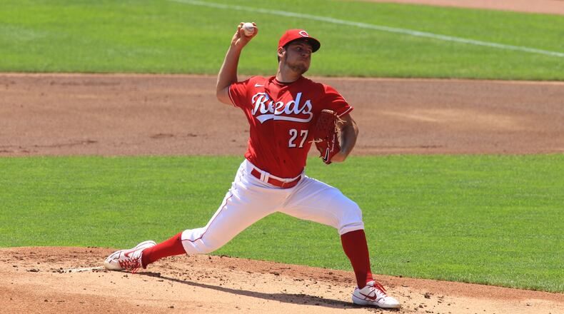 Reds starter Trevor Bauer pitches against the Tigers on Sunday, July 26, 2020, at Great American Ball Park in Cincinnati. David Jablonski/Staff
