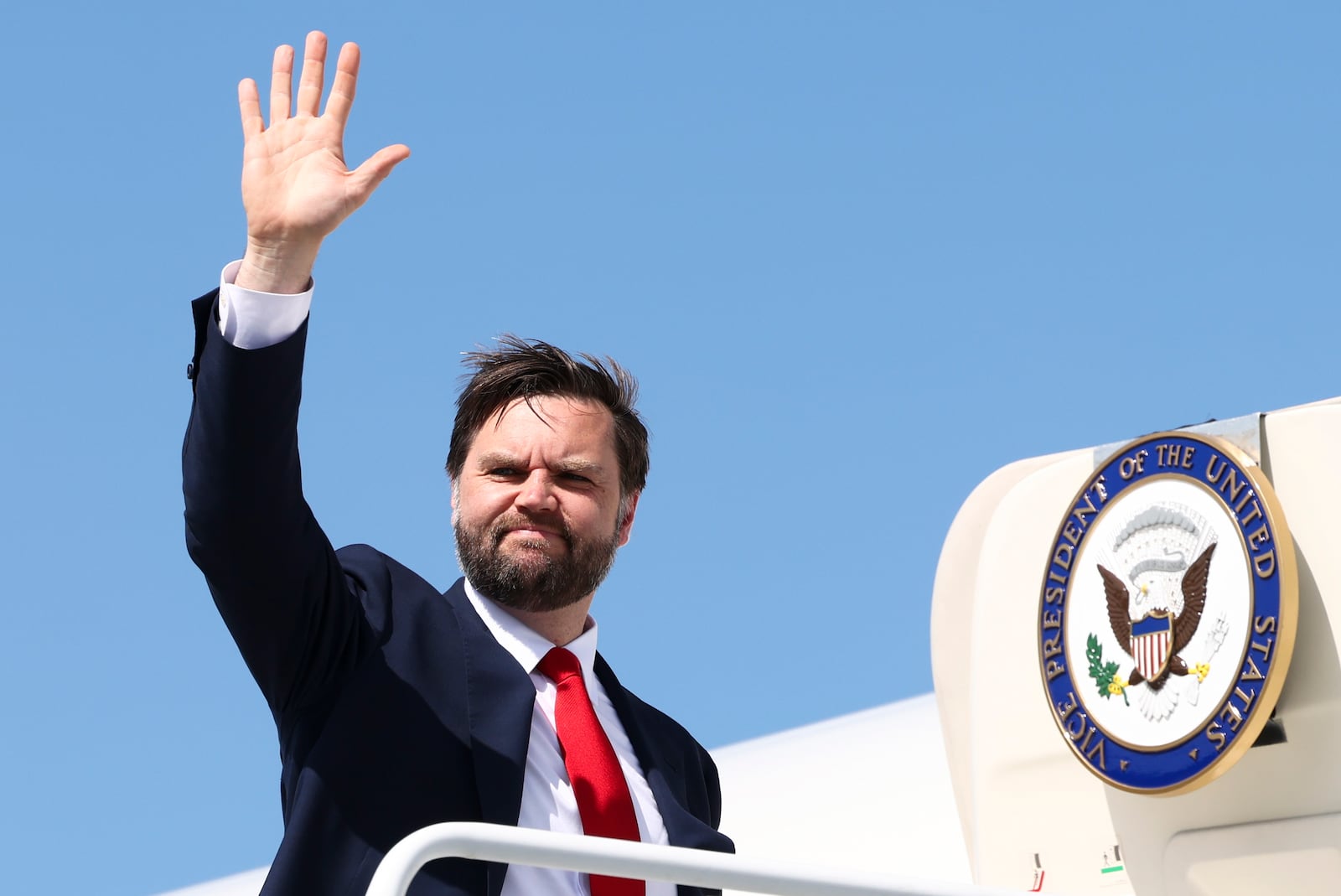 Vice President JD Vance waves waves as he departs Charleston, S.C., Thursday, May 1, 2025, after touring Nucor Steel Berkeley in Huger, S.C. (Kevin Lamarque/Pool Photo via AP)
