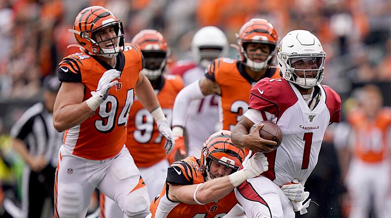 CINCINNATI, OHIO - OCTOBER 06: Kyler Murray #1 of the Arizona Cardinals is tackled by Clayton Fejedelem #42 of the Cincinnati Bengals during the NFL football game at Paul Brown Stadium on October 06, 2019 in Cincinnati, Ohio. (Photo by Bryan Woolston/Getty Images)