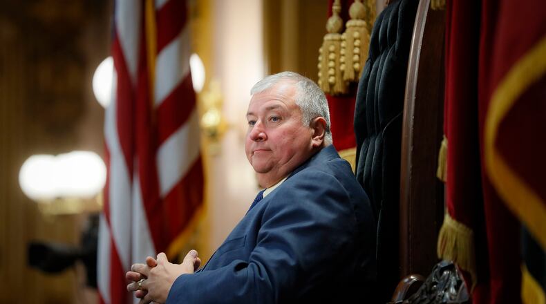 FILE - Ohio House Speaker Larry Householder sits at the head of a legislative session in Columbus, Ohio, Oct. 30, 2019. The convicted former Ohio House speaker was recently transferred to Oklahoma to begin his time in federal prison. (AP Photo/John Minchillo, File)