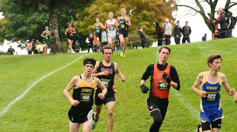 Shawnee senior Ethan Griffith (450) finished 35th to help the Braves qualify for the state meet for the ninth straight season. Contributed / Greg Billing