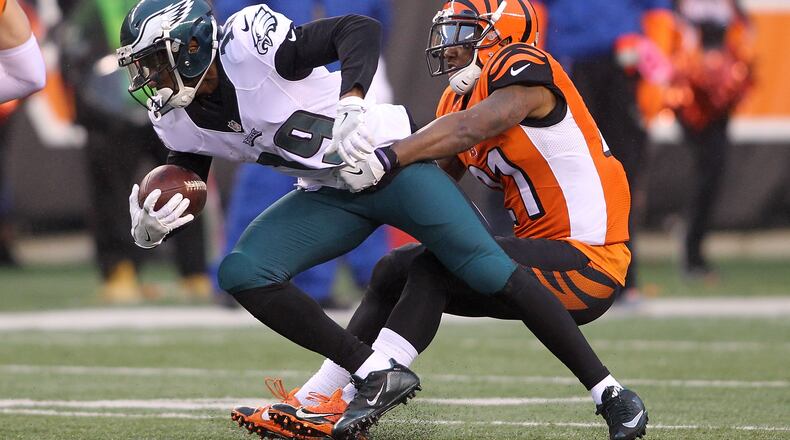 CINCINNATI, OH - DECEMBER 4: Paul Turner #19 of the Philadelphia Eagles is tackled by Darqueze Dennard #21 of the Cincinnati Bengals during the fourth quarter at Paul Brown Stadium on December 4, 2016 in Cincinnati, Ohio. Cincinnati defeated Philadelphia 32-14. (Photo by John Grieshop/Getty Images)