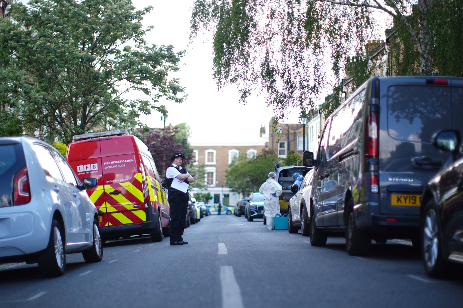 A police officer is seen in Kentish Town, near British Prime Minister Keir Starmer's house in north London, Monday, May 12, 2025. (James Manning/PA via AP)